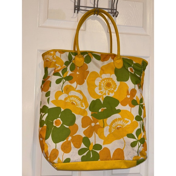 Vintage Clinique Floral Print Tote Bag Yellow Green Shoulder Bag Purse - Picture 1 of 6